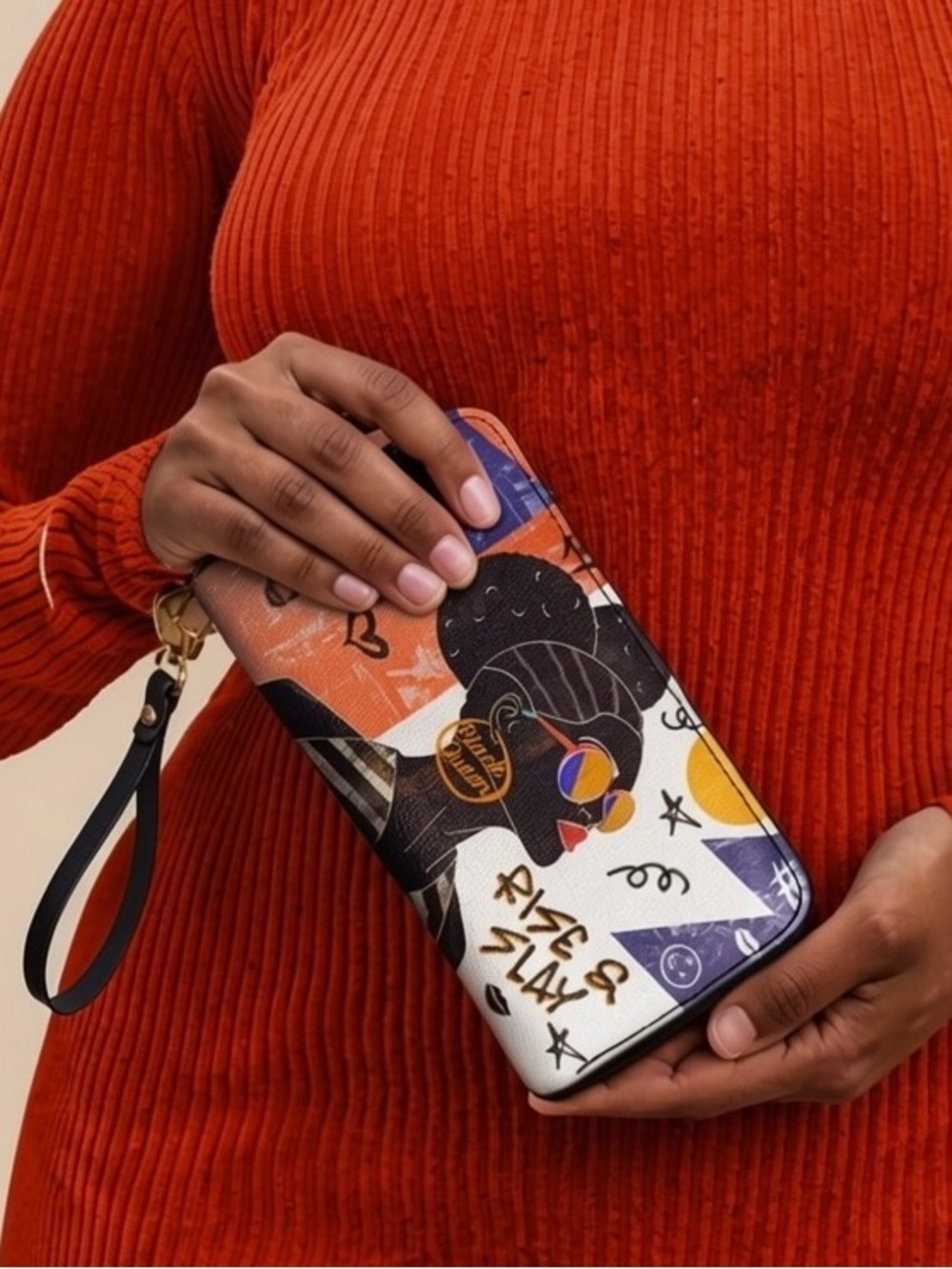 Afroyla Sanaa Wallet in Orange and Black Vegan Leather